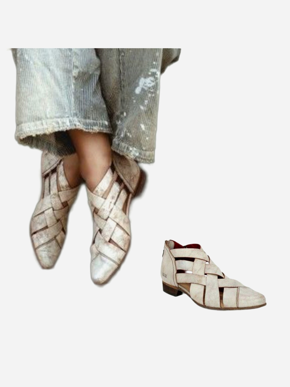 BED I STU "Brittany" Boho Distressed Woven 100% Leather Rear Zip Shootie